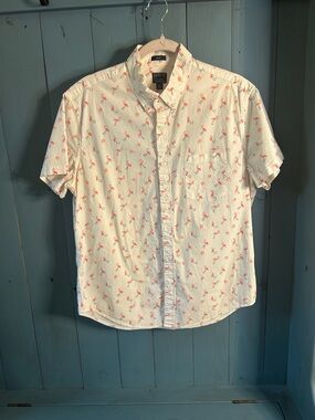 J. Crew White Short-Sleeve Button-Down Shirt with Pink Flamingo Print | Men’s L